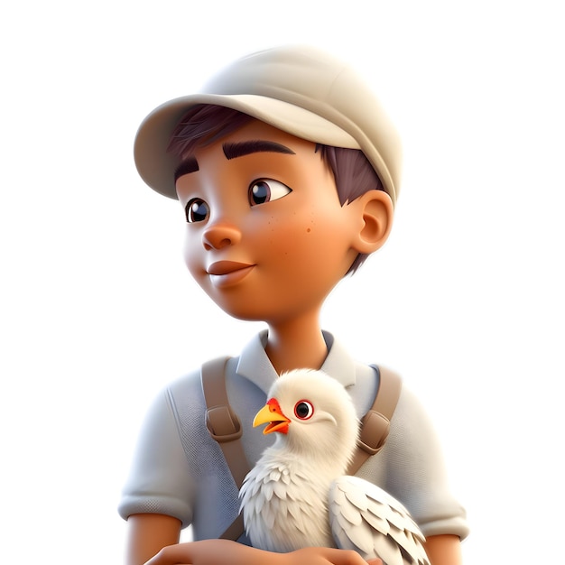 3d render of a boy with a bird on a white background