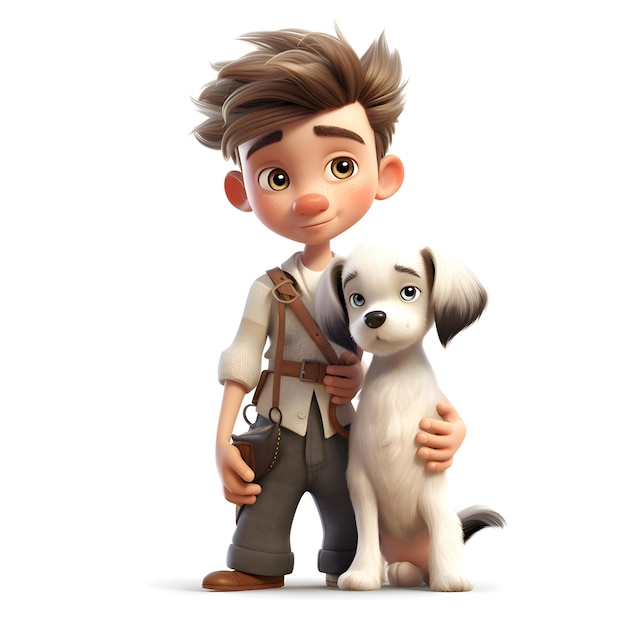 3D Render of a boy with a dog on a white background