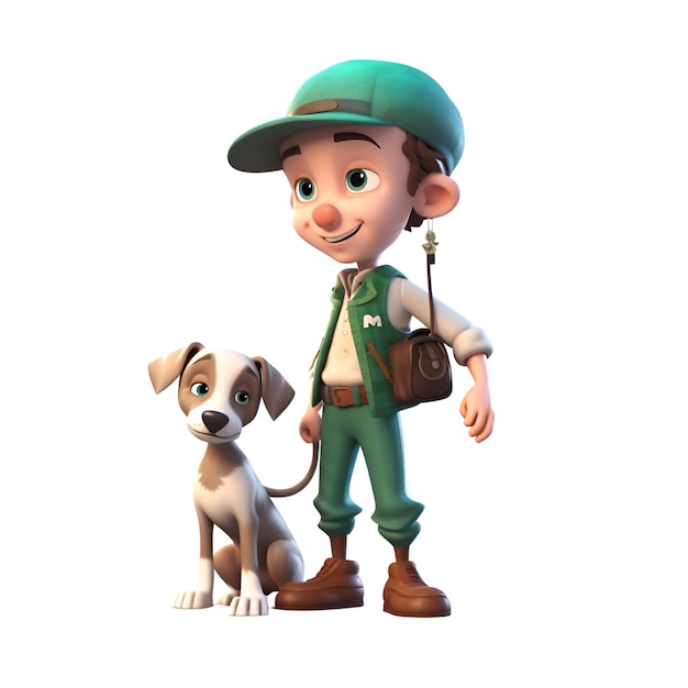 Photo 3d render of a boy with a dog on a white background