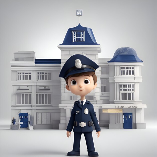 Photo 3d render of a boy with police uniform in front of building