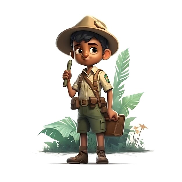 3D Render of a boy with safari hat and bag in jungle