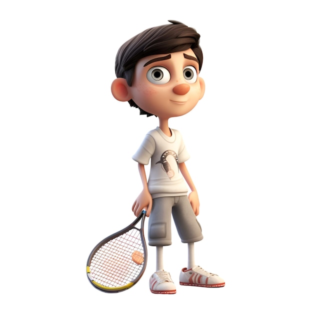 3D Render of a boy with tennis racket isolated on white background