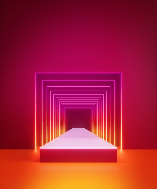 3d render of Bright neon light inside square tunnel