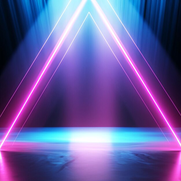 Photo 3d render bright projector shining on dark empty glowing pink blue rays neon light background