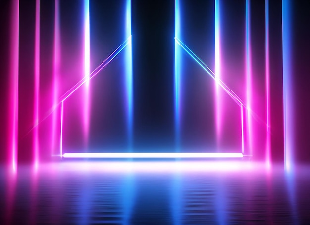 3d render Bright projector shining on dark empty glowing pink blue rays neon light background