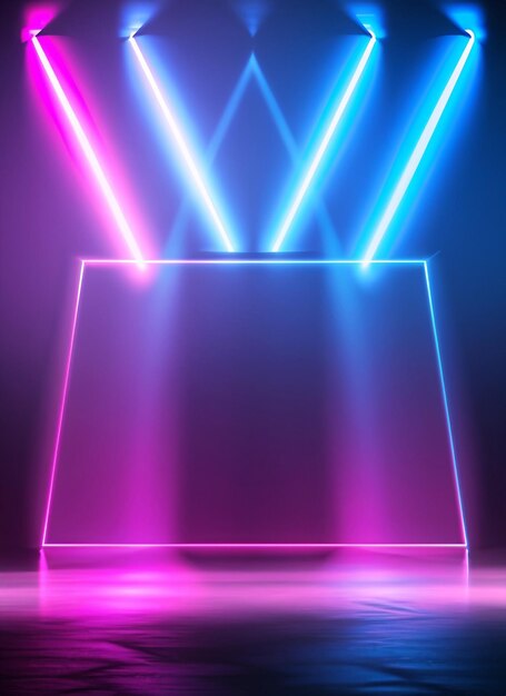 3d render Bright projector shining on dark empty glowing pink blue rays neon light background