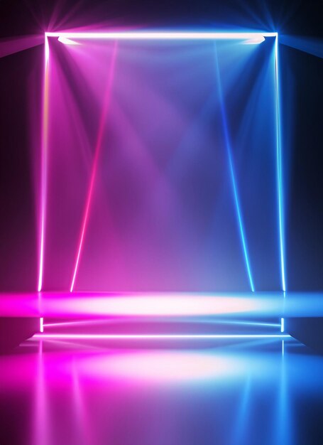 Photo 3d render bright projector shining on dark empty glowing pink blue rays neon light background