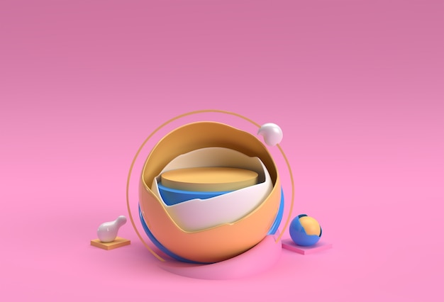 3D Render Broken Ball Scene of Minimal Podium Scene for Display Products Advertising Design.