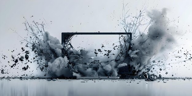 壊れたコンピュータの3Dレンダリング - フラットバックグラウンドで爆発する画面 - コンセプト 3Dレンダー - 壊れたコンピューターの爆発画面 - フラートバックグラウンド