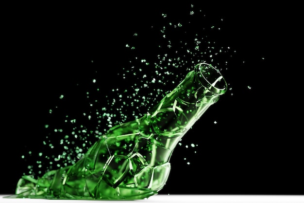 3D Render Broken Glass Realistic green  beer bottle  Mock Up, 3D illustration Graphic Design.