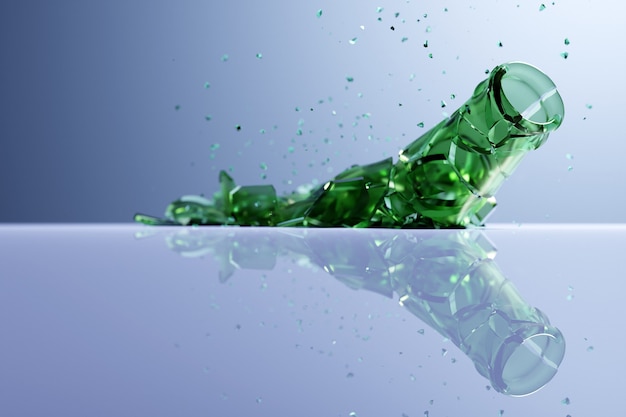 3D Render Broken Glass Realistic green  beer bottle  Mock Up, 3D illustration Graphic Design.