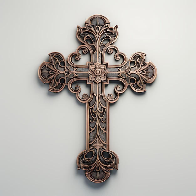 양각 무늬가 있는 청동 도금 황동 십자가의 3D 렌더링 및 착용된 성금요일 부활절 종려나무