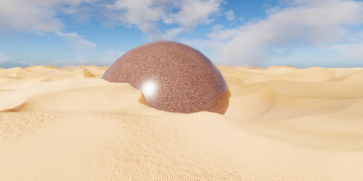 Photo 3d render of brown granite ball in desert