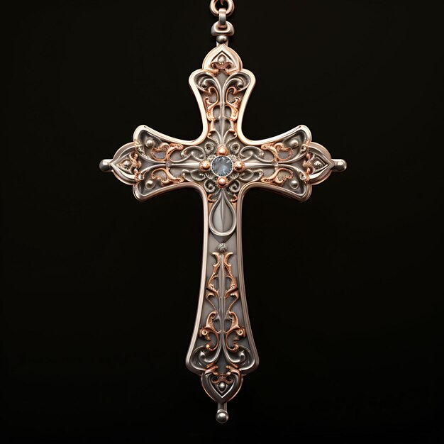3D Render of Brushed Silver Cross With Engraved Rose Gold and Sapphire in Good Friday Easter Palm
