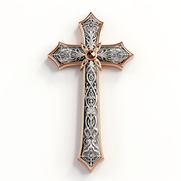 3D Render of Brushed Silver Cross With Engraved Rose Gold and Sapphire in Good Friday Easter Palm