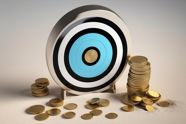 Photo 3d render bullseye target sandglass and coins