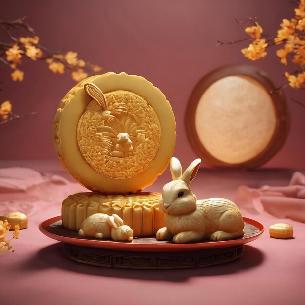 Photo 3d render of bunnies or rabbits mooncake and fulll moon night for mid autumn festival