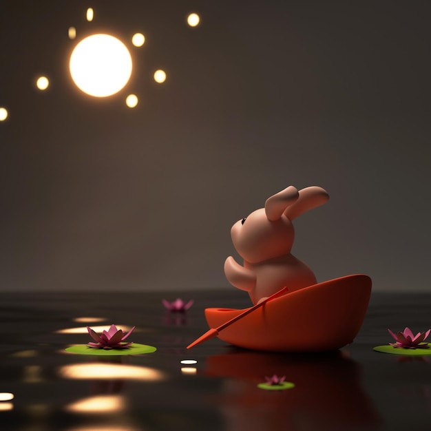 3d render of bunny or rabbit boating in full moon night background lotus blooms mid autumn festival background