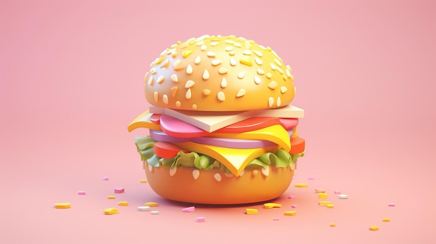 3d render of burger cute cartoon style