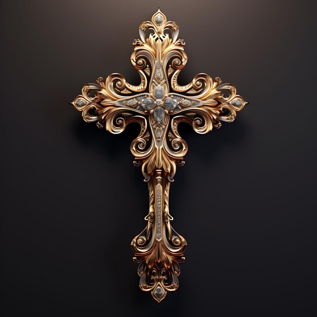 3D Render of Burnished Gold Cross With Embossed Dragon Motif Decoration v Good Friday Easter Palm