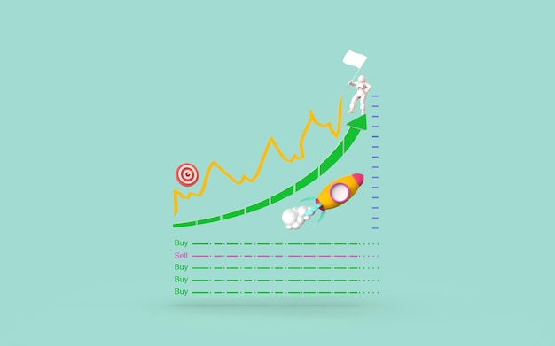 3d render business graph bar chart with flying space rocket concept space for business and growth