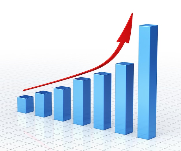 3d render Business Graph blue bar moving up close up