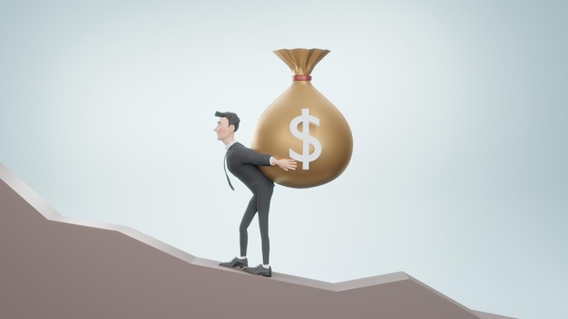3d render. Business man carrying bag with cash money dollar