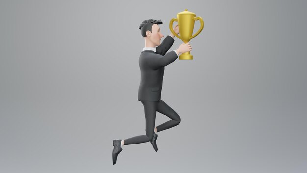 Photo 3d render business man holding a golden trophy full length of business man with trophy happy business man celebrating with trophy