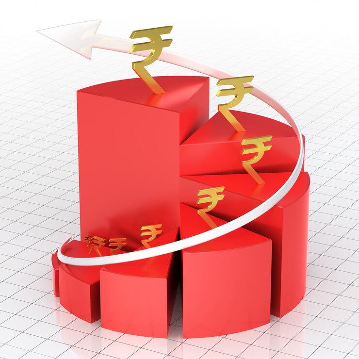 फोटो 3d render business pie graph rupee sign spiral moving up closeup