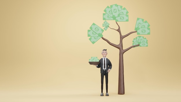 3d render. Businessman grabbing a dollar bill from a tree.