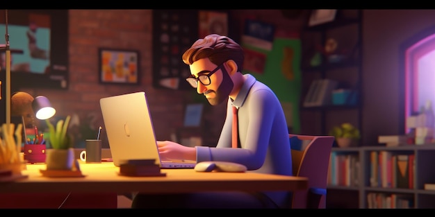 3D Render Businessman Work with Laptop Computer in Office Manager Solving Problem Generative AI