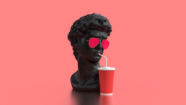 3d render bust of david drinking through a straw from a glass of paper pink background