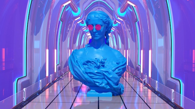 Foto busto di rendering 3d di una donna con occhiali rosa sui tunnel retrowave neon a luce brillante