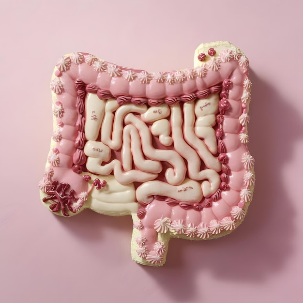 Photo 3d render of a cake shaped like a human gut on a pink background