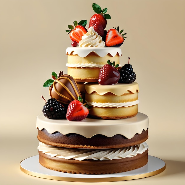 3D Render Of Cake With Cream And Berries On Beige Background