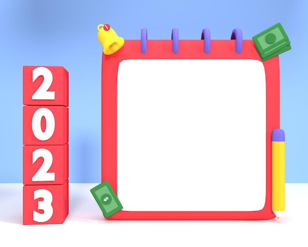 3d render calender for greeting 2023 with space for write texs on white background