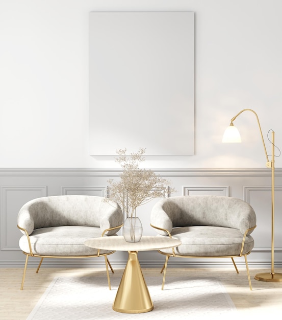 3d render canvas mockup in kamer met gouden fauteuil en tafel