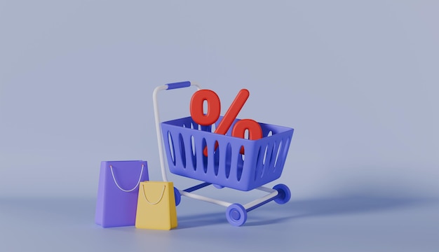 쇼핑 카트의 떠다니는 요소로 쇼핑 거래의 흥분을 포착하는 3D 렌더링