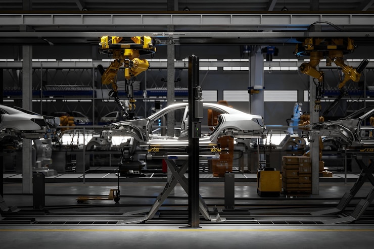 Photo 3d render of a car on robotic welding line
