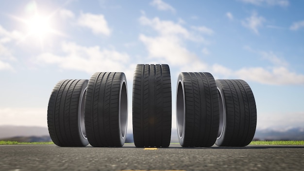 3d render car tires rolling on asphalt in the summer in 4k