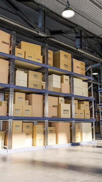 3D render Cardboard boxes on storage warehouse shelves