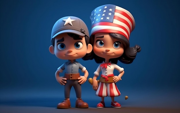 Фото 3d визуализация мультфильма, посвященного дню независимости америки 4 июля, шляпе с флагом сша и фейерверкам