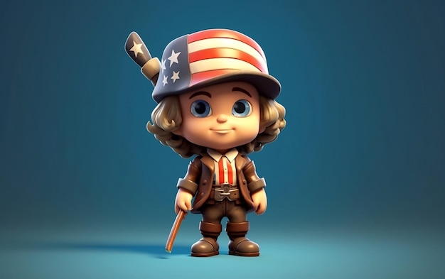 3d render cartoon celebrating America 4th July independence day USA Flag Hat and firecrackers