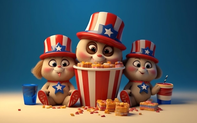 3D визуализация мультфильма, посвященного Дню независимости Америки 4 июля, шляпе с флагом США и фейерверкам