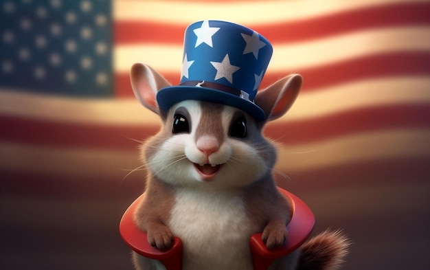 3d render cartoon celebrating America 4th July independence day USA Flag Hat and firecrackers