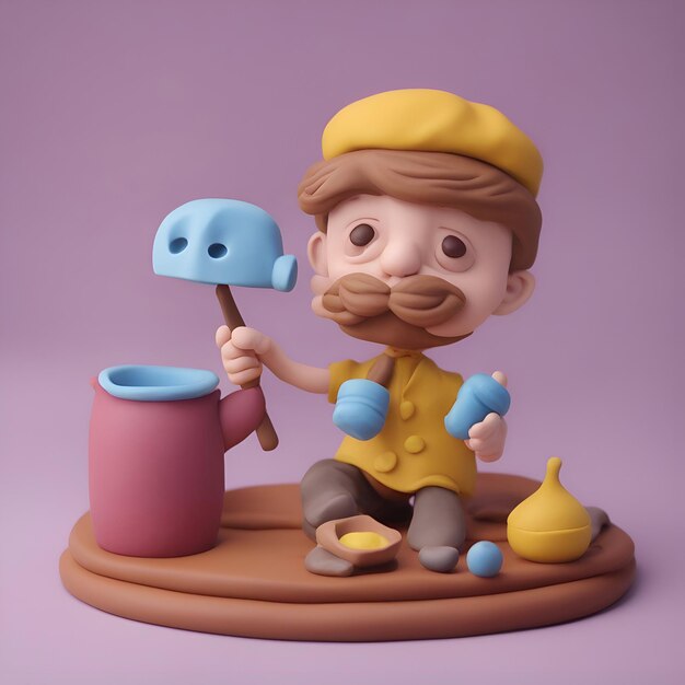 Photo 3d render of cartoon character clay potter with clay pottery