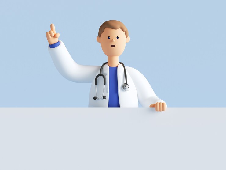 Photo 3d render of cartoon character doctor wearing uniform and stethoscope, hand up.
