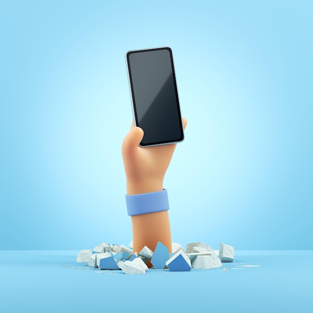 3d render cartoon character hand holds black glossy smart phone mockup with blank screen