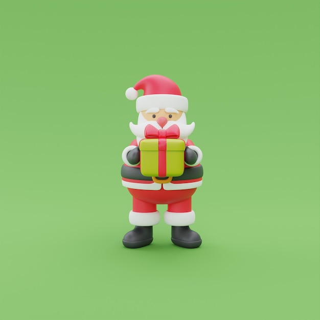 선물 상자 메리 크리스마스와 새 해 만화 캐릭터 산타 클로스의 3d 렌더링