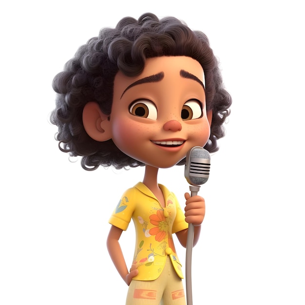 Photo 3d render of a cartoon character singing with a karaoke microphone